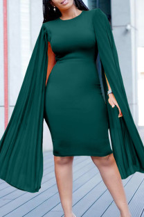 Dark Green Elegant Solid Patchwork Fold Zipper O Neck Pencil Skirt Dresses