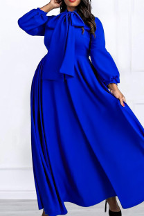 Blue Elegant Solid Bandage Patchwork Pocket With Bow O Neck Long Dress Dresses