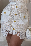 White Elegant Solid Lace Patchwork Pocket Buckle Wrapped Skirt Dresses