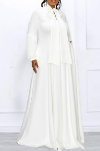 White Elegant Solid Bandage Patchwork Pocket With Bow O Neck Long Dress Dresses