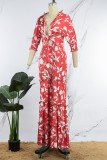 Orange Casual Daily Floral Bandage Patchwork Printing Stringy Selvedge Smocking V Neck Half Sleeve Two Pieces