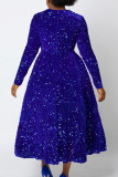 Royal Blue Elegant Solid Sequins Patchwork Zipper O Neck A Line Dresses