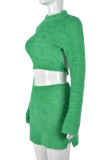 Green Sexy Solid Bandage Patchwork Backless O Neck Long Sleeve Two Pieces