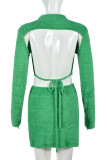 Green Sexy Solid Bandage Patchwork Backless O Neck Long Sleeve Two Pieces