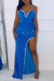 Blue Sexy Formal Patchwork Sequins Backless Slit Strapless Long Dress Dresses