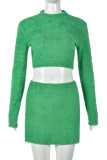 Green Sexy Solid Bandage Patchwork Backless O Neck Long Sleeve Two Pieces