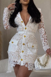 White Elegant Solid Lace Patchwork Pocket Buckle Wrapped Skirt Dresses