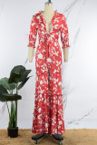 Orange Casual Daily Floral Bandage Patchwork Printing Stringy Selvedge Smocking V Neck Half Sleeve Two Pieces