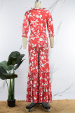 Orange Casual Daily Floral Bandage Patchwork Printing Stringy Selvedge Smocking V Neck Half Sleeve Two Pieces