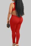 Red Sexy Solid Hollowed Out Patchwork U Neck Skinny Jumpsuits