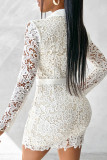 White Elegant Solid Lace Patchwork Pocket Buckle Wrapped Skirt Dresses