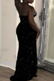 Blue Sexy Formal Patchwork Sequins Backless Slit Strapless Long Dress Dresses