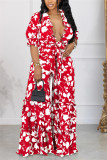 Orange Casual Daily Floral Bandage Patchwork Printing Stringy Selvedge Smocking V Neck Half Sleeve Two Pieces