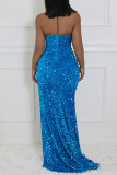 Blue Sexy Formal Patchwork Sequins Backless Slit Strapless Long Dress Dresses