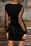 Black Elegant Solid Sequins Patchwork Mesh Wrapped Skirt Dresses