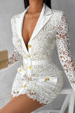 White Elegant Solid Lace Patchwork Pocket Buckle Wrapped Skirt Dresses
