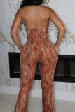 Brown Street Print Patchwork Zipper Spaghetti Strap Regular Jumpsuits
