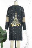 Gold Casual Christmas Tree Printed Patchwork O Neck Tops