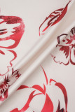 Red Daily Elegant Print Floral Printing Smocking Turndown Collar Three Quarter Two Pieces