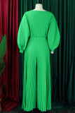 Green Elegant Solid Patchwork Pleated O Neck Plus Size Two Pieces
