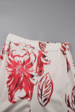 Red Daily Elegant Print Floral Printing Smocking Turndown Collar Three Quarter Two Pieces