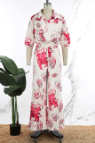 Red Daily Elegant Print Floral Printing Smocking Turndown Collar Three Quarter Two Pieces
