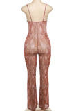Brown Street Print Patchwork Zipper Spaghetti Strap Regular Jumpsuits
