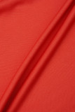 Red Casual Daily Simplicity Solid Color One Shoulder Long Sleeve Two Pieces