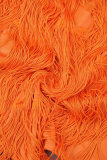 Tangerine Red Sexy Solid Tassel Hollowed Out Patchwork Backless O Neck Long Sleeve Dresses