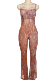 Brown Street Print Patchwork Zipper Spaghetti Strap Regular Jumpsuits