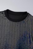 Silver Sexy Sequins Patchwork O Neck Long Sleeve Two Pieces