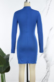 Blue Casual Solid Basic Turtleneck Long Sleeve Dresses
