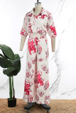 Red Daily Elegant Print Floral Printing Smocking Turndown Collar Three Quarter Two Pieces