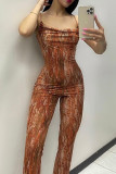 Brown Street Print Patchwork Zipper Spaghetti Strap Regular Jumpsuits