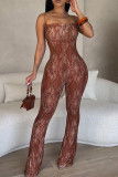 Brown Street Print Patchwork Zipper Spaghetti Strap Regular Jumpsuits