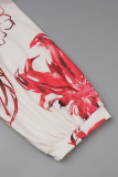 Red Daily Elegant Print Floral Printing Smocking Turndown Collar Three Quarter Two Pieces