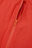 Red Casual Daily Simplicity Solid Color One Shoulder Long Sleeve Two Pieces
