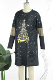 Green Casual Christmas Tree Printed Patchwork O Neck Tops