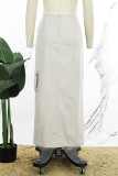 Khaki Casual Solid Patchwork Slit Regular High Waist Conventional Solid Color Skirts