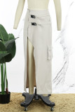 Khaki Casual Solid Patchwork Slit Regular High Waist Conventional Solid Color Skirts