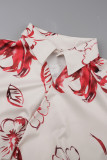 Red Daily Elegant Print Floral Printing Smocking Turndown Collar Three Quarter Two Pieces