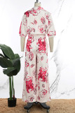 Red Daily Elegant Print Floral Printing Smocking Turndown Collar Three Quarter Two Pieces