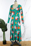 Green Casual Print Basic V Neck Short Sleeve Dress