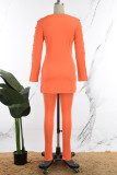 Orange Casual Solid Slit V Neck Long Sleeve Two Pieces