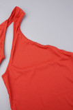 Red Casual Daily Simplicity Solid Color One Shoulder Long Sleeve Two Pieces