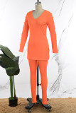 Orange Casual Solid Slit V Neck Long Sleeve Two Pieces