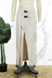 Khaki Casual Solid Patchwork Slit Regular High Waist Conventional Solid Color Skirts