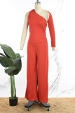 Red Casual Daily Simplicity Solid Color One Shoulder Long Sleeve Two Pieces
