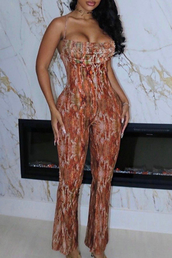 Brown Street Print Patchwork Zipper Spaghetti Strap Regular Jumpsuits