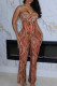 Brown Street Print Patchwork Zipper Spaghetti Strap Regular Jumpsuits